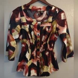 SERE NADE Abstract Print Peplum Blouse Black Cream Gold Dusty Pink